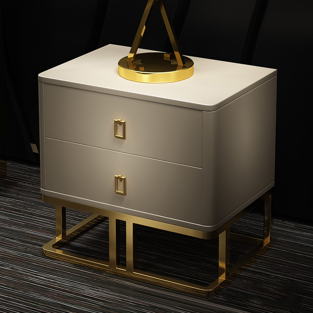 Modern Yellow Nightstand Faux Leather Upholstery with 2 Drawers in Gold