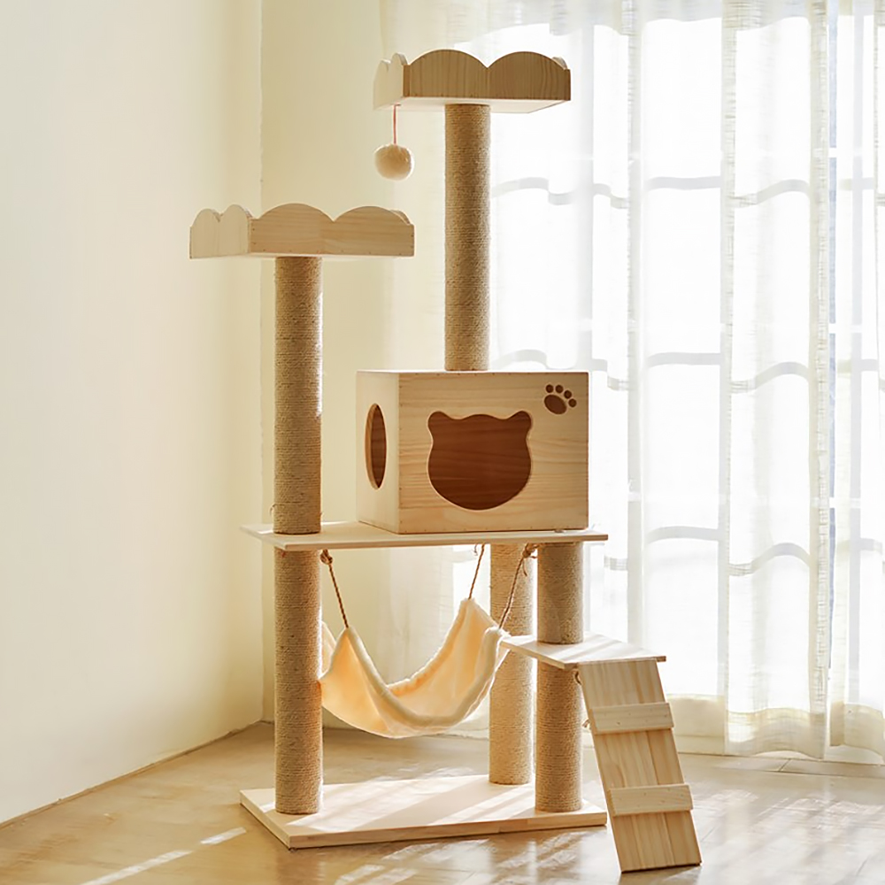 1350mm Solid Wood Cat Tree Condo Multiple Tiers Cat House & Step with Teasing Toy