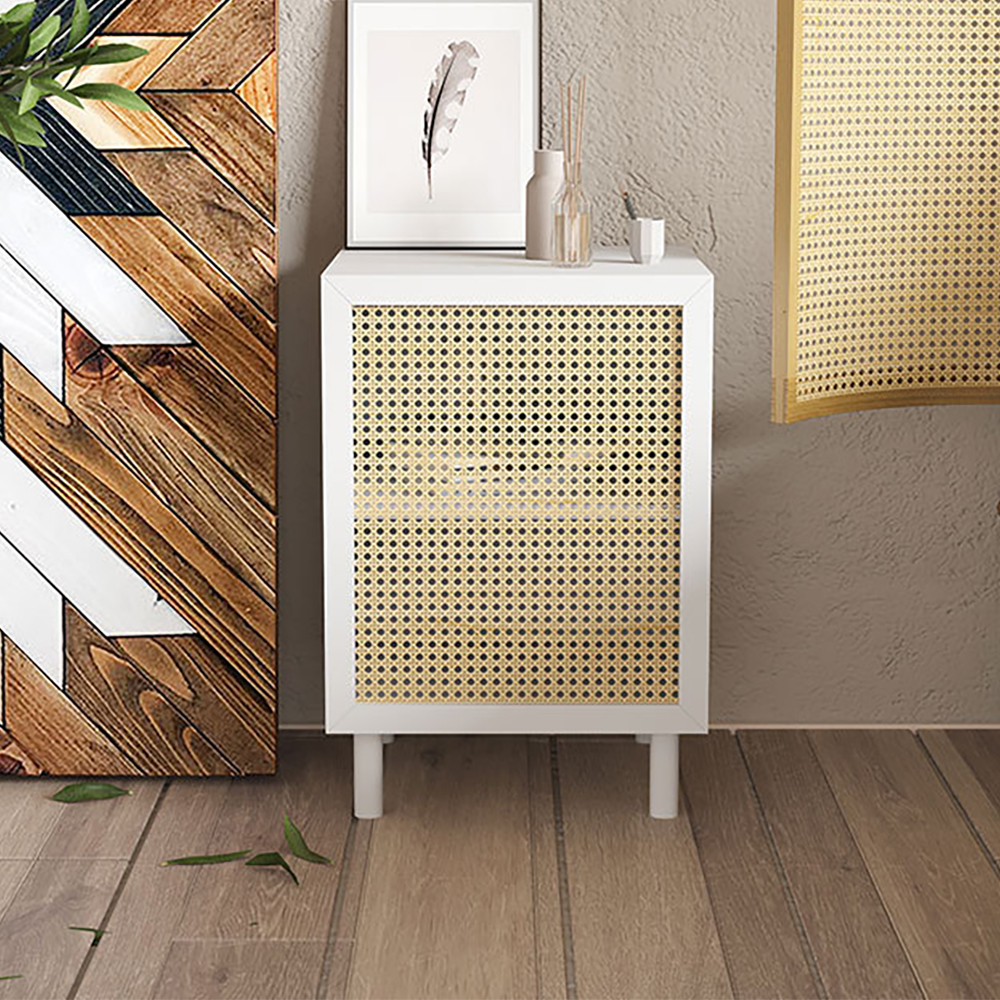 

Nordic White Nightstand Rattan Woven Bedside Table with 1 Door &1 Shelf