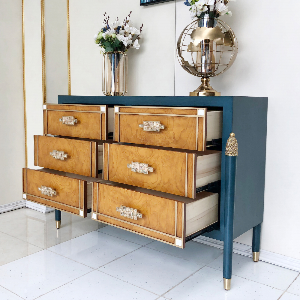 1270mm Modern Blue Dresser Accent Cabinet with 6 Drawers and Shell Pulls in Gold