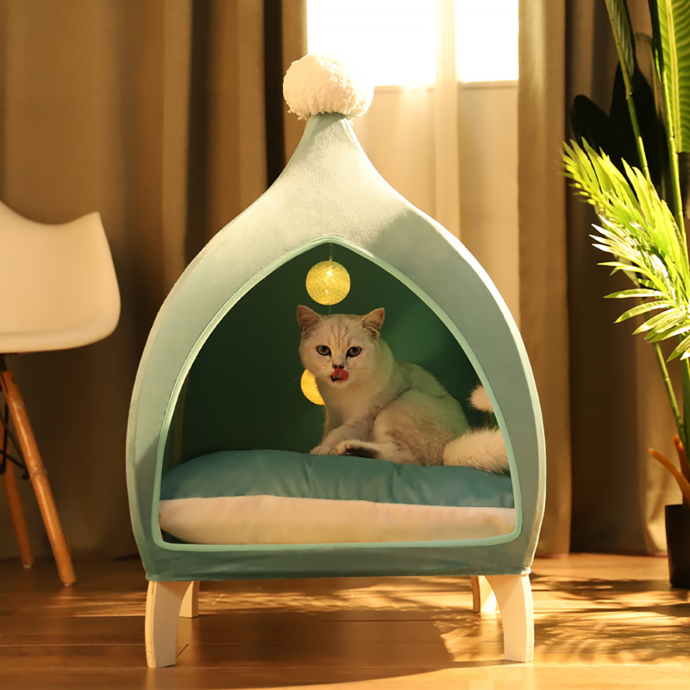 13.8" Velvet Covered Pet House Small Cat Tent Bed With Cushioned Pad