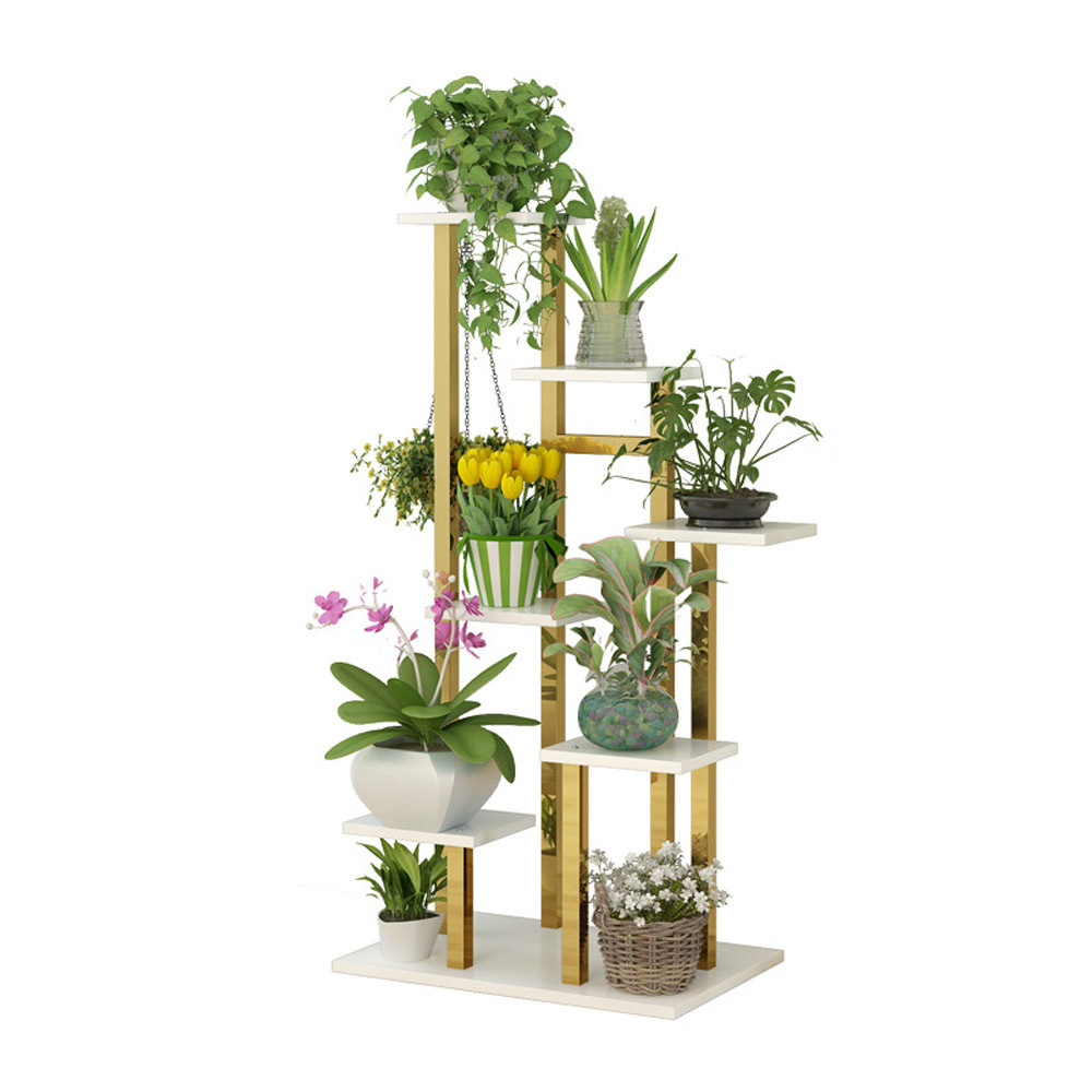 59.1" Tall Metal Plant Stand Indoor Modern 7 Tier Ladder Planter in Gold & White