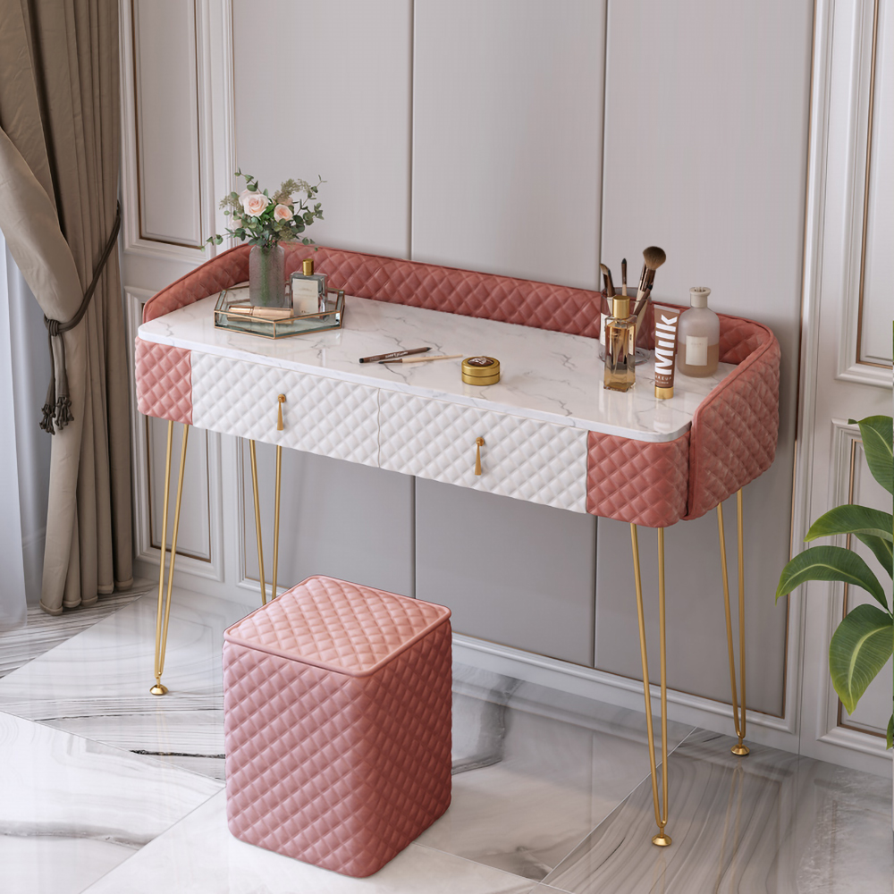 

39" Pink & White Velvet Upholstered Makeup Vanity Table with Stools