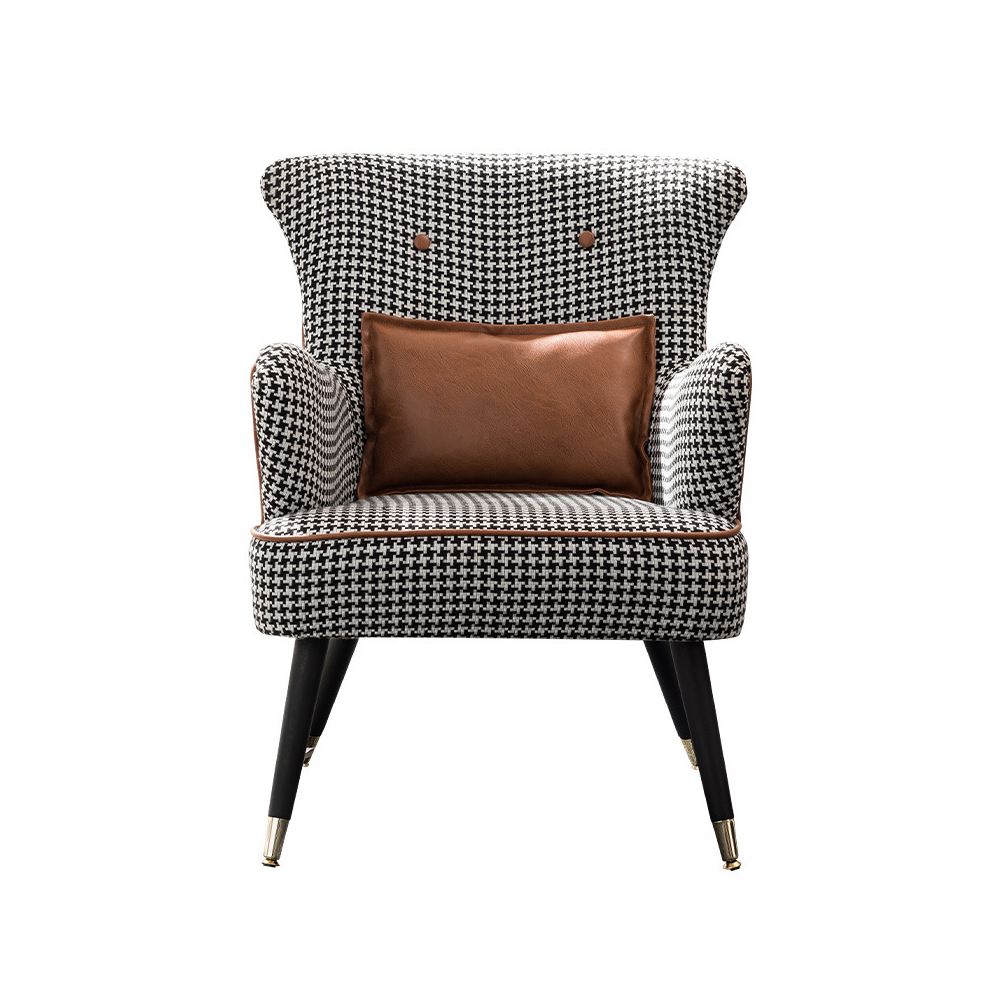 Brown Cotton Linen Houndstooth Side Chair with Gold Legs