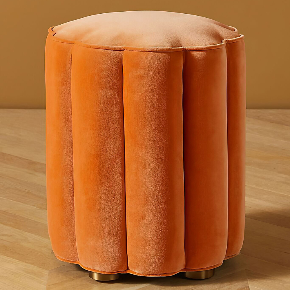 Image of Orange Round Ottoman Stool Velvet Upholstered Makeup Vanity Stool
