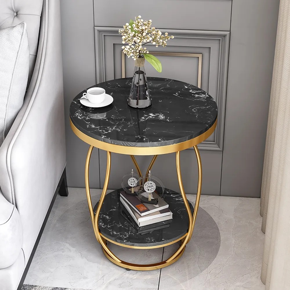 Black Round Side Table with Storage Marble Top Metal Frame