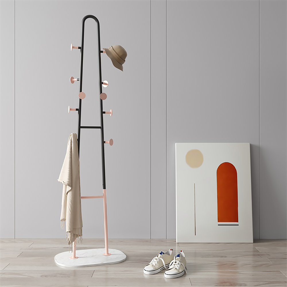 

Minimalist Metal Hall Tree Coat Rack Hat Hanger with 10 Hooks in Black & Pink