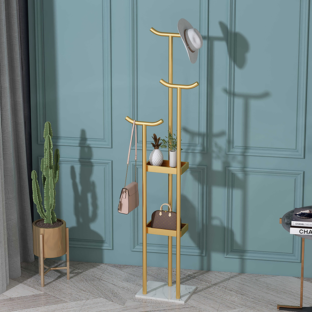 

Modern Stangding Coat Rack with 2-Tier Shelf, Gold