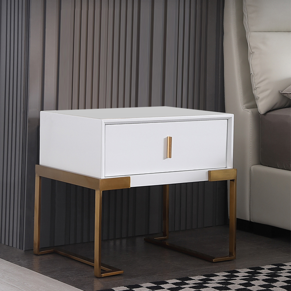 White Bedroom Nightstand with Drawer Bedside Table Stainless Steel Base