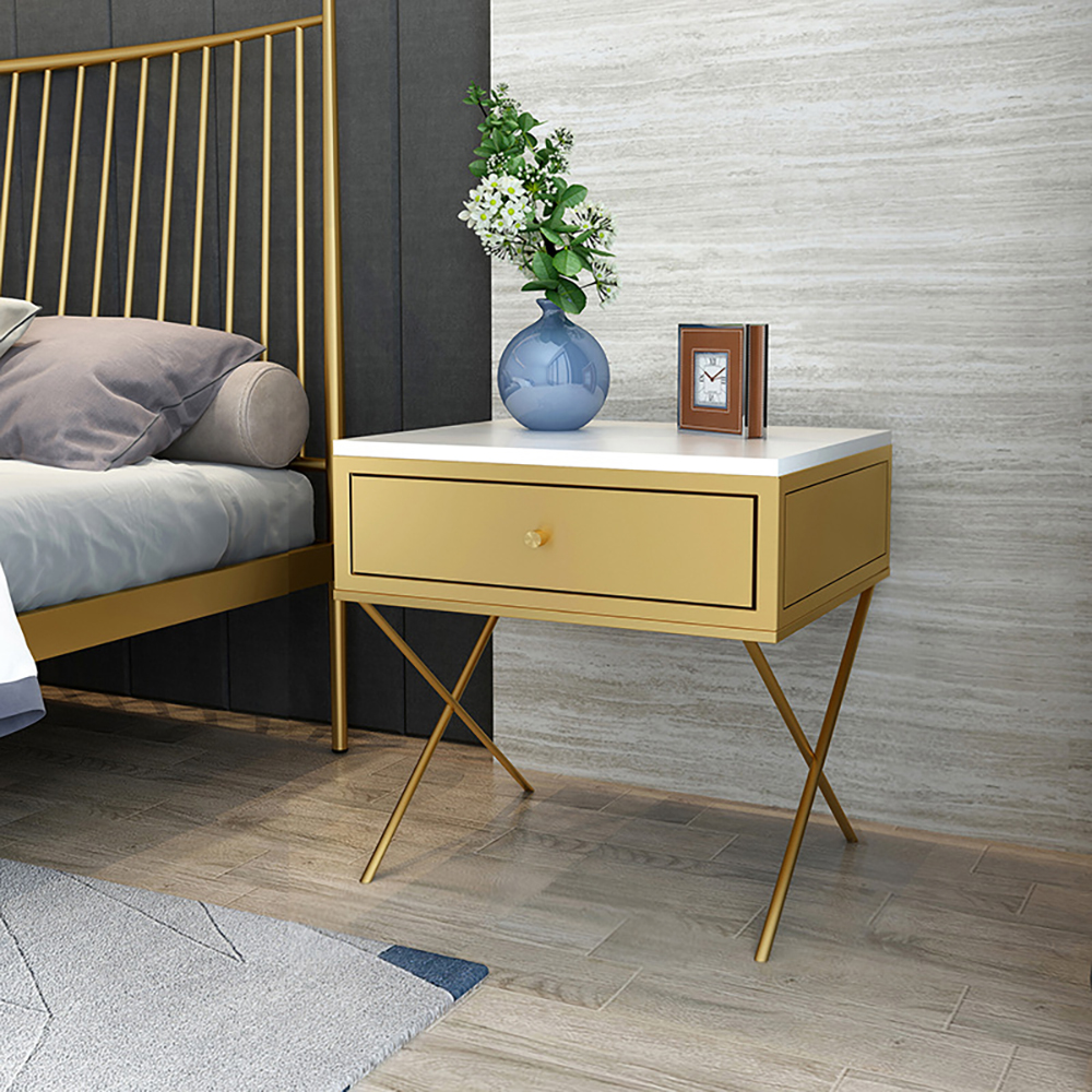 

Modern Gold Nightstand Minimalist Lacquered Bedside Table with 1 Drawer X-Shaped Base