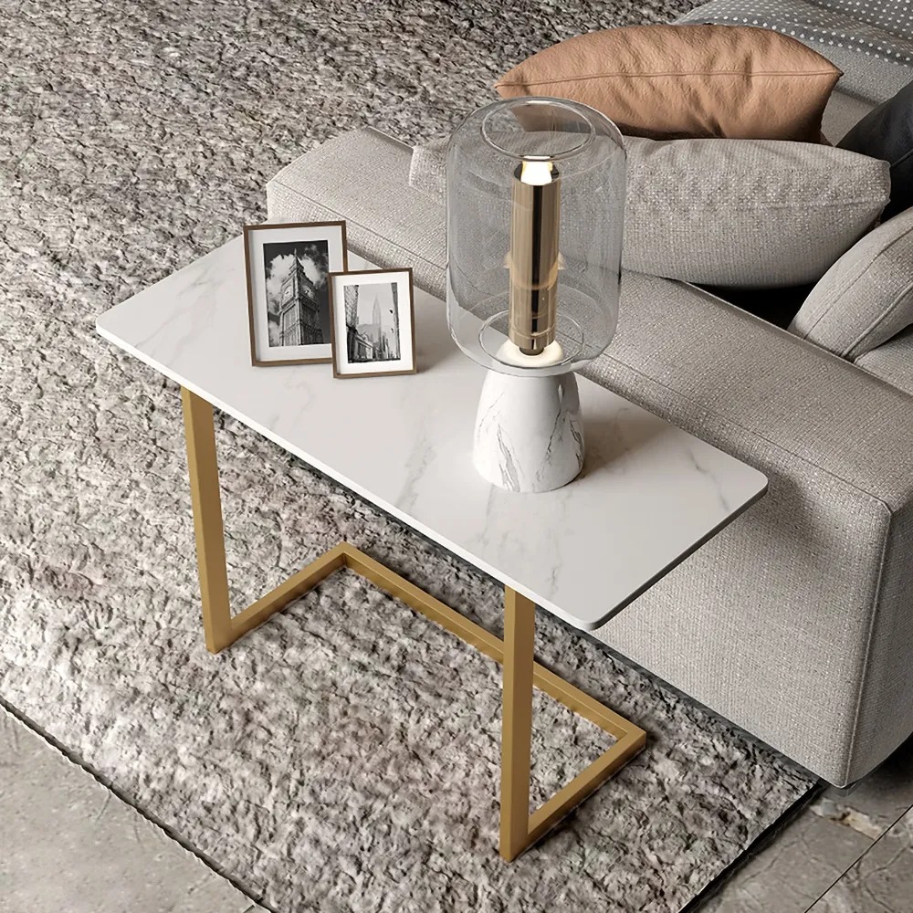 White End Table with Stone Tabletop Rectangular Side Table