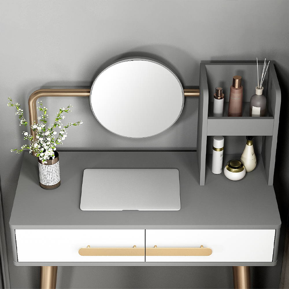 Nordic Grey Makeup Vanity with 2 Drawers Mirror & Stool Included in Gold