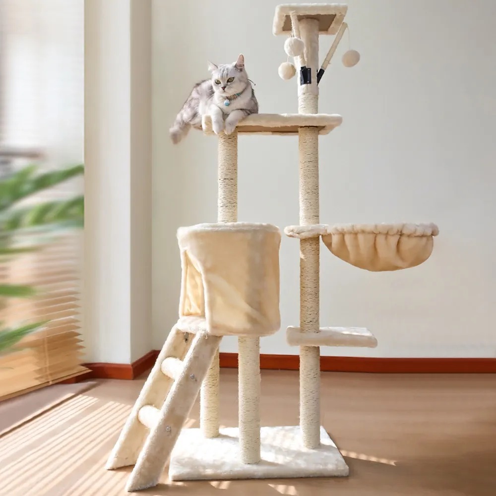 54.3" Faux Fur Cat Tree Condo Multiple Tiers Cat House & Step With Teasing Toy