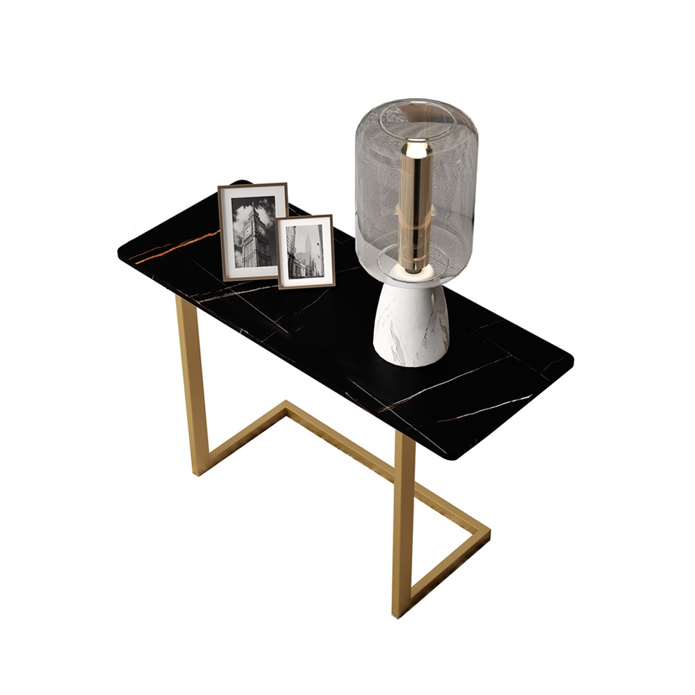 Black End Table with Stone Tabletop Rectangular Side Table