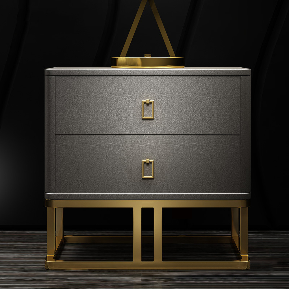 

Modern Gray Nightstand Faux Leather Upholstery with 2 Drawers in Gold