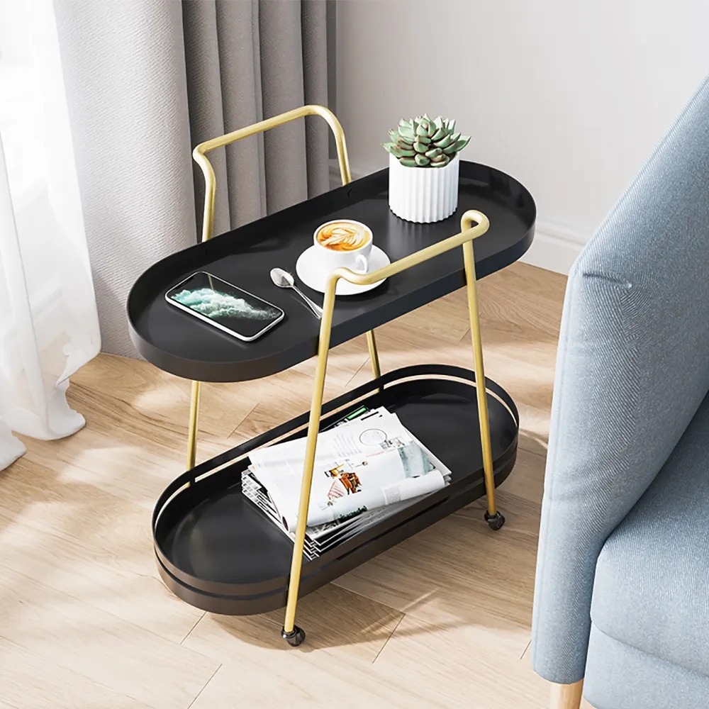 

Black 2-Tiered End Table with Shelf Metal Side Table with Wheel
