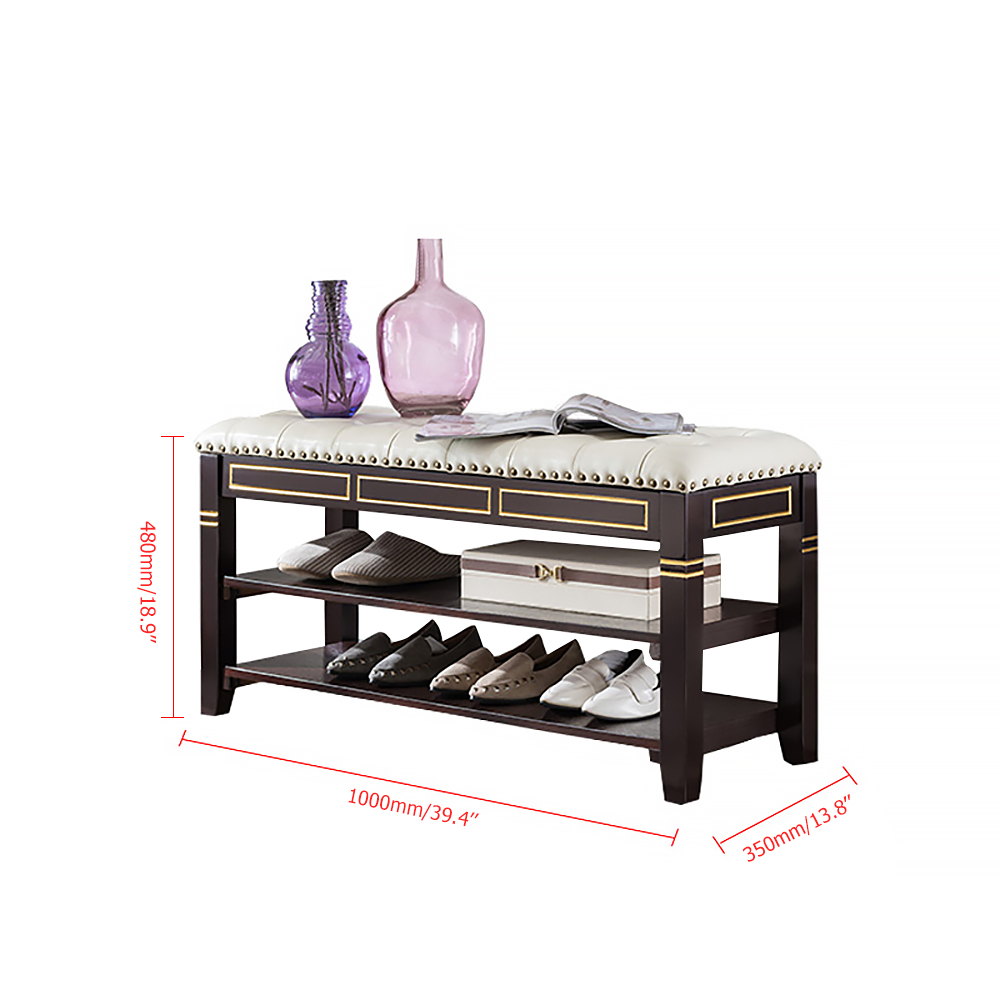 39.4'' White Modern Storage Bench Shoe Rack with Faux Leather