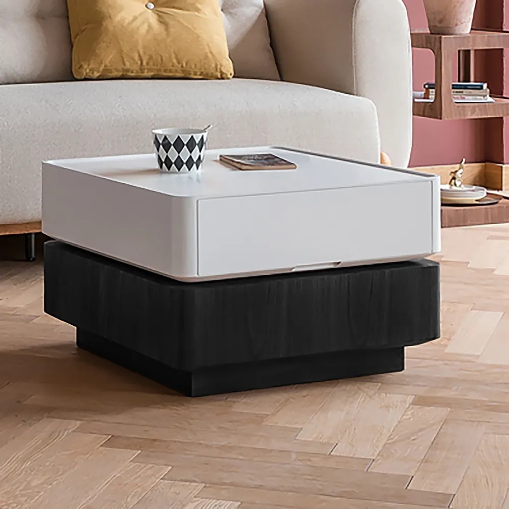 White&Black Square Rotating Coffee Table Modern Accent Table with 2-Drawer