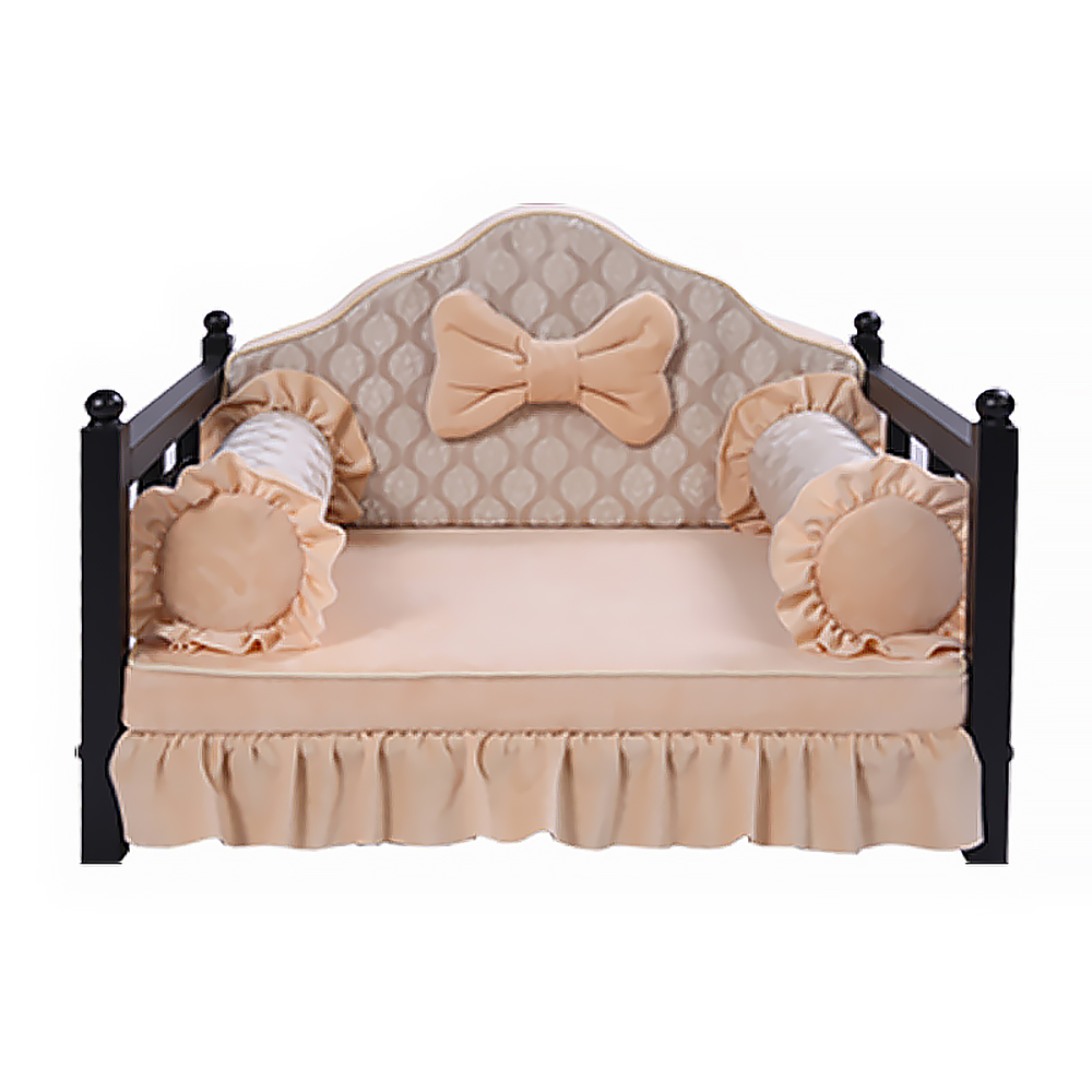 47.2" Dog Bed Sofa Metal Frame Pet Bed With Velvet Upholstered Pad & Armrest In Apricot