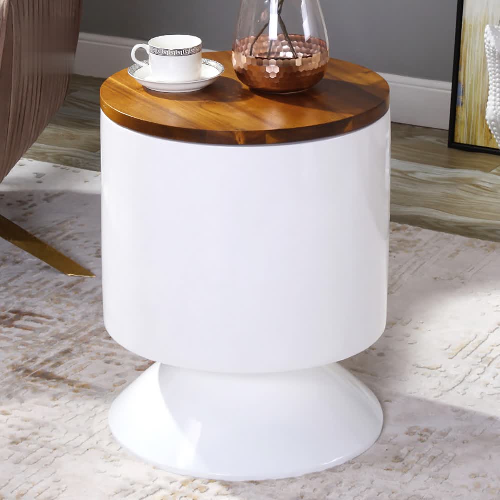

Modern White Round End Table with Wooden Top Side Table Style B