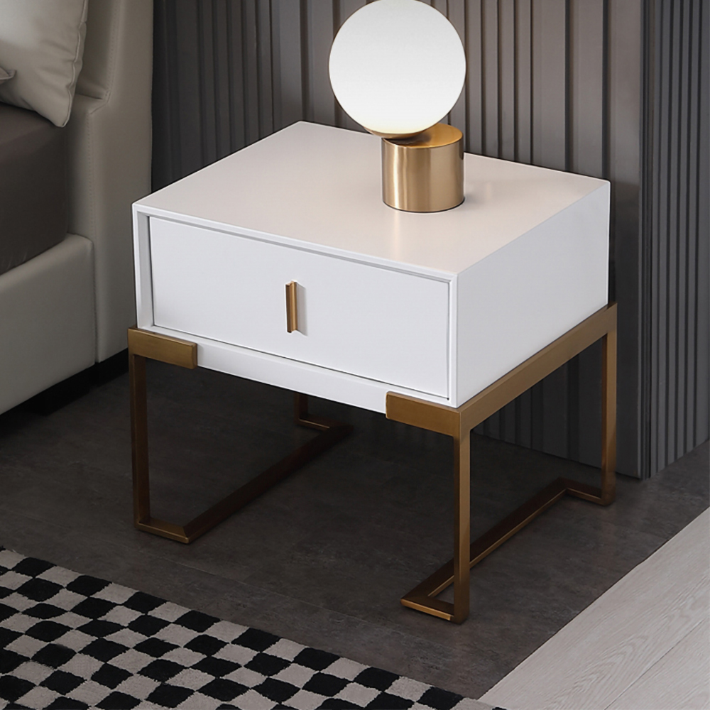 White Bedroom Nightstand with Drawer Bedside Table Stainless Steel Base