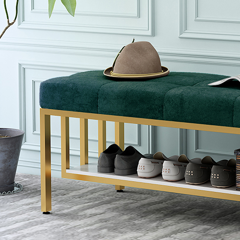 Green Storage Entryway Bench Upholstered Velvet Modern Bench with Shelf in Gold
