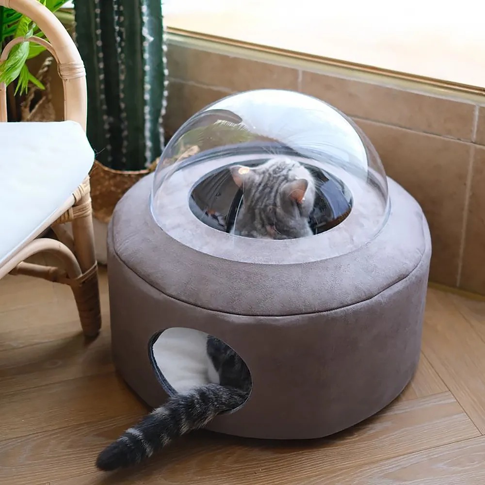 16.1" Round Space Capsule Cat Bed Clear Acrylic & Faux Suede Blanket In Gray