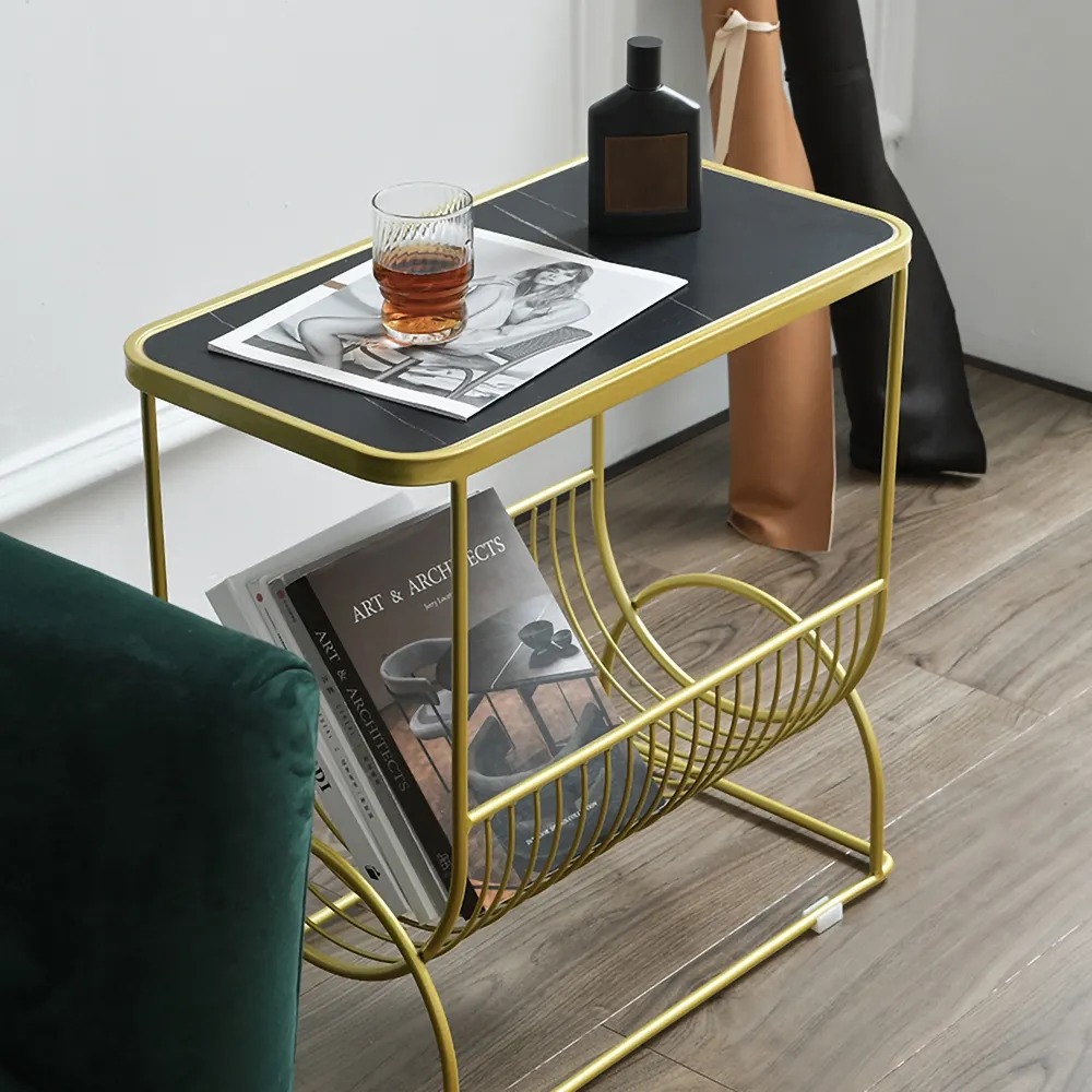 Black End Table with Storage Sintered Stone Top & Metal Frame Side Table