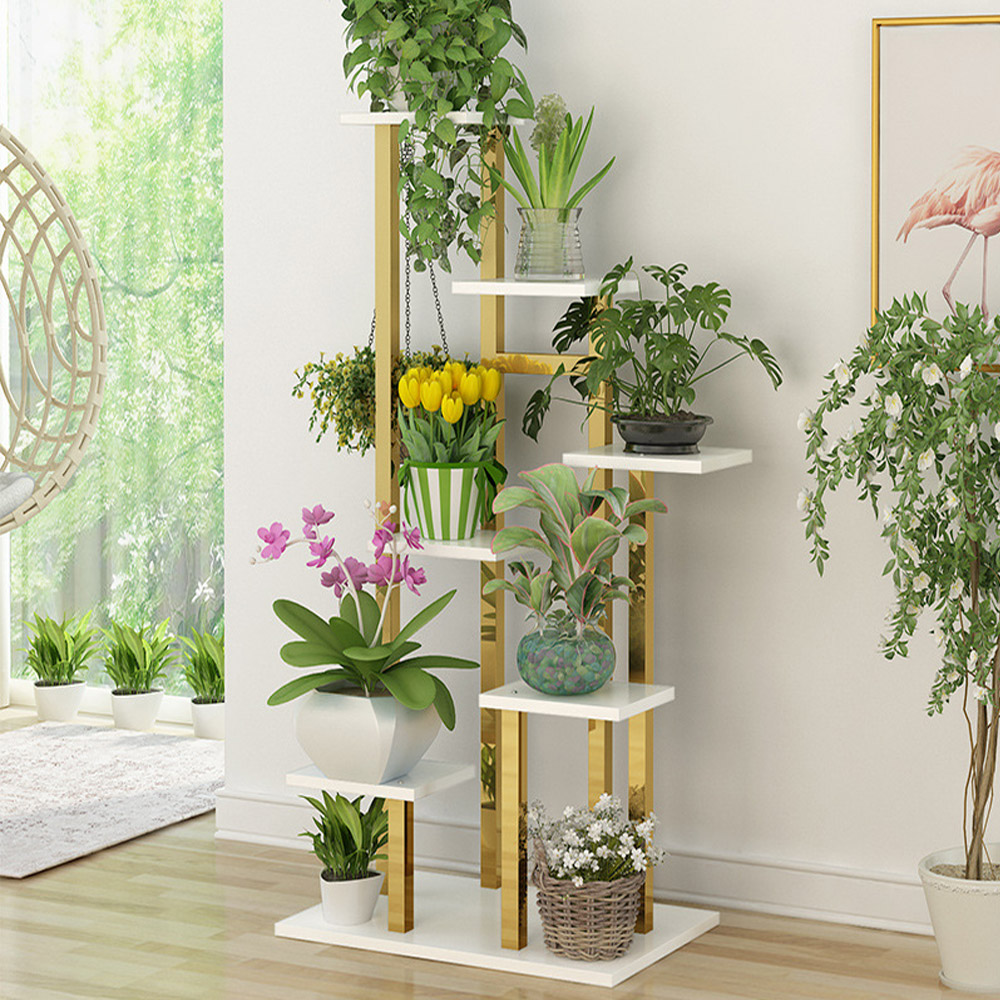 Image of 47" Modern Ladder 7-Tiered Plant Stand in Gold & White