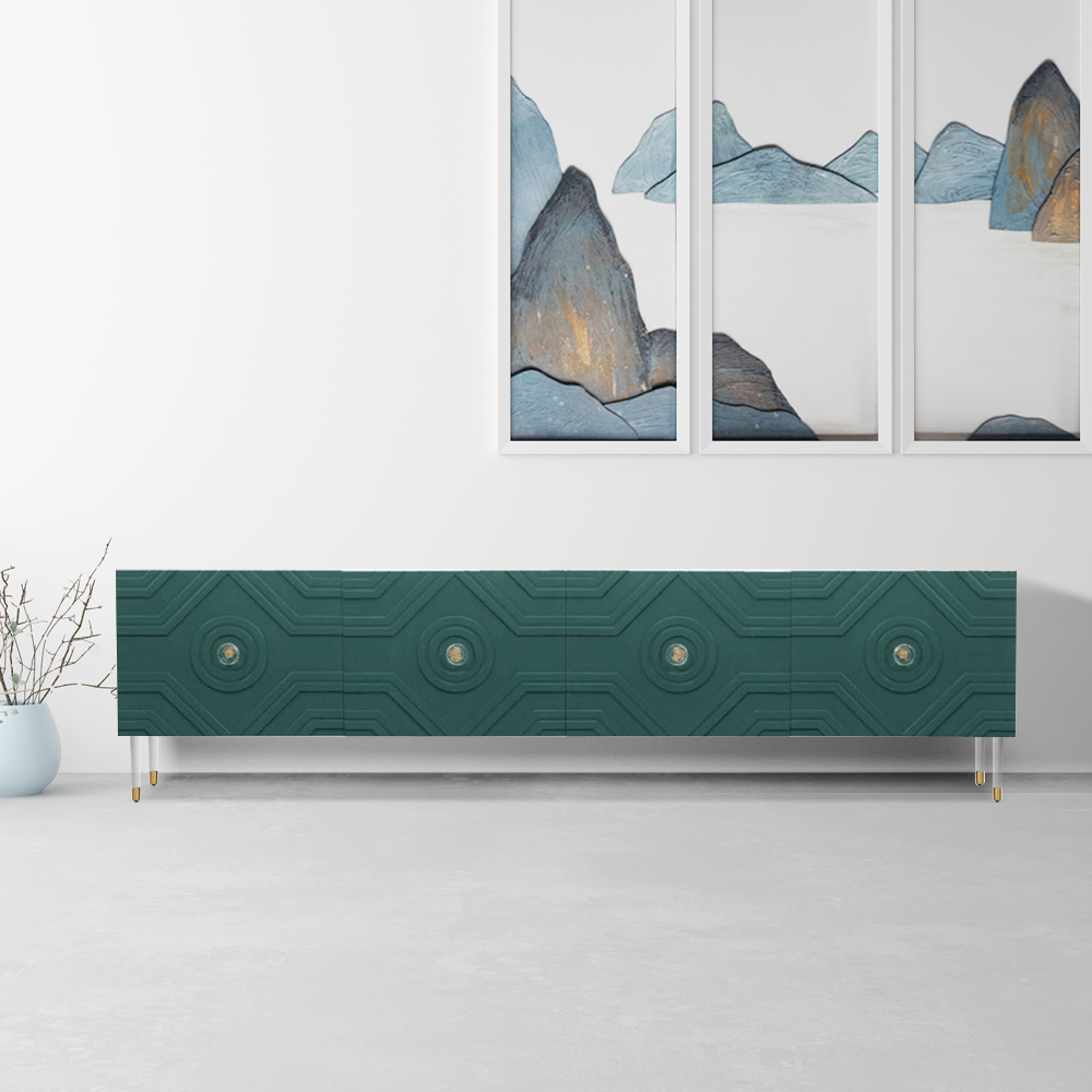 

Green TV Stand for 75" TVs with Storage 4 Door Acrylic Accent
