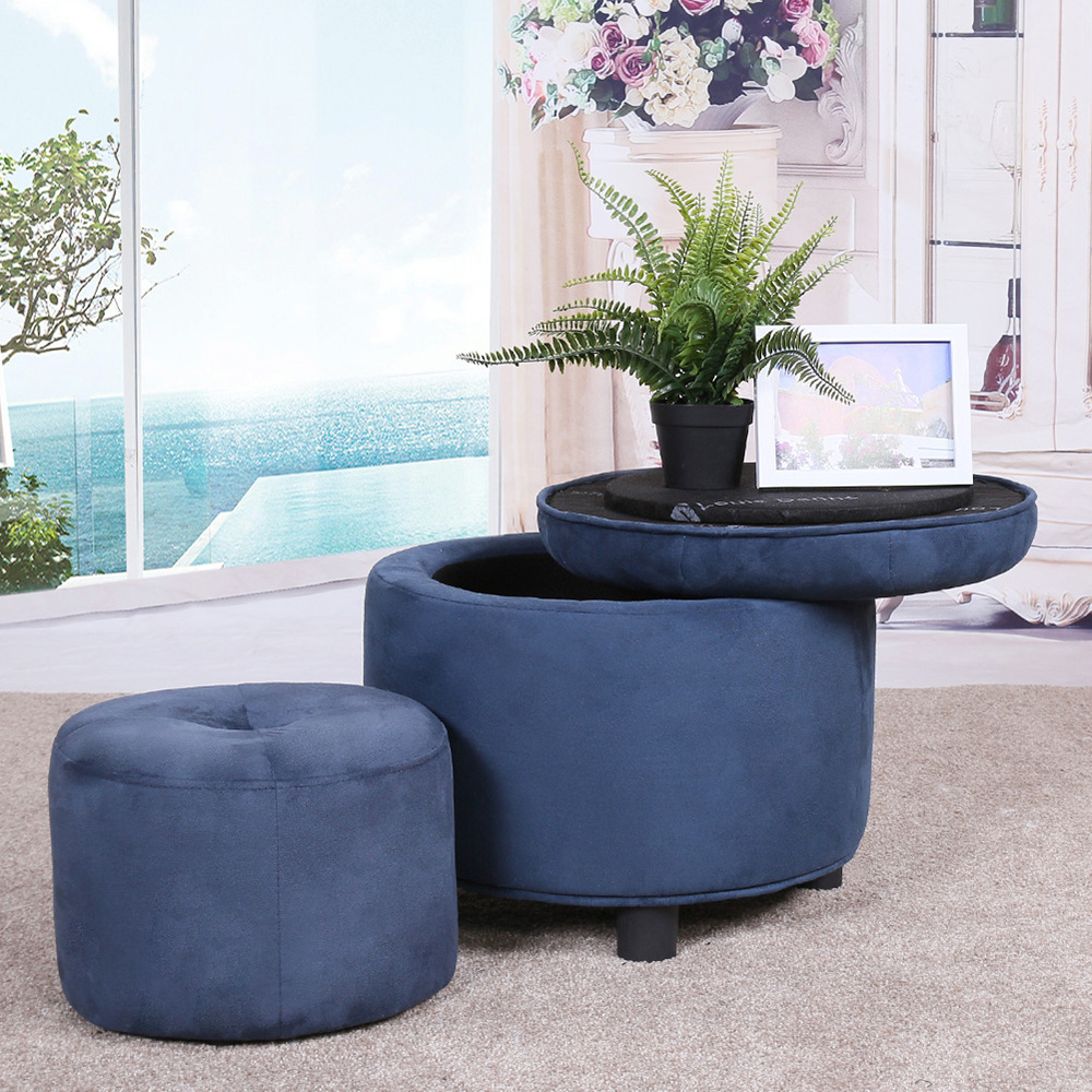 

Modern Blue Fabric Button Tutfed Round Storage Ottoman with Small Foot Stool, 2 in 1 Design Ottoman Set