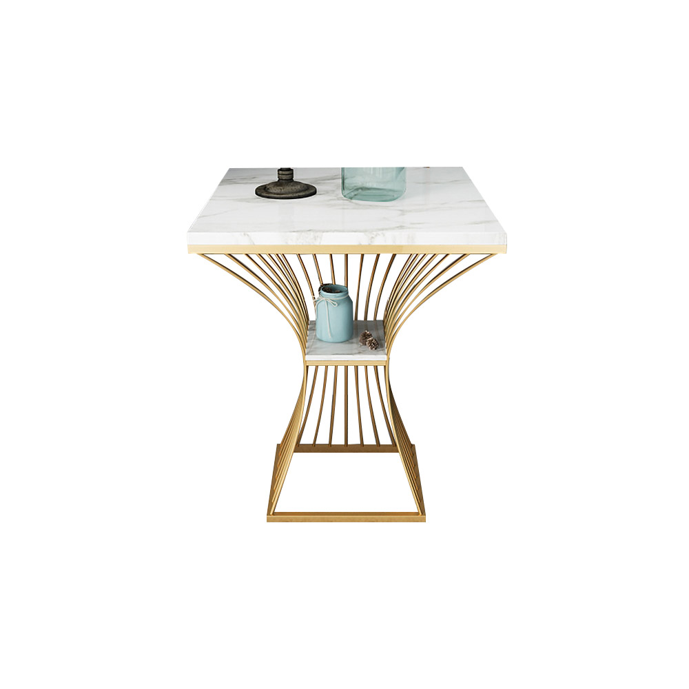 2-Tiered White Side Table with Storage with Marble Top Metal Frame