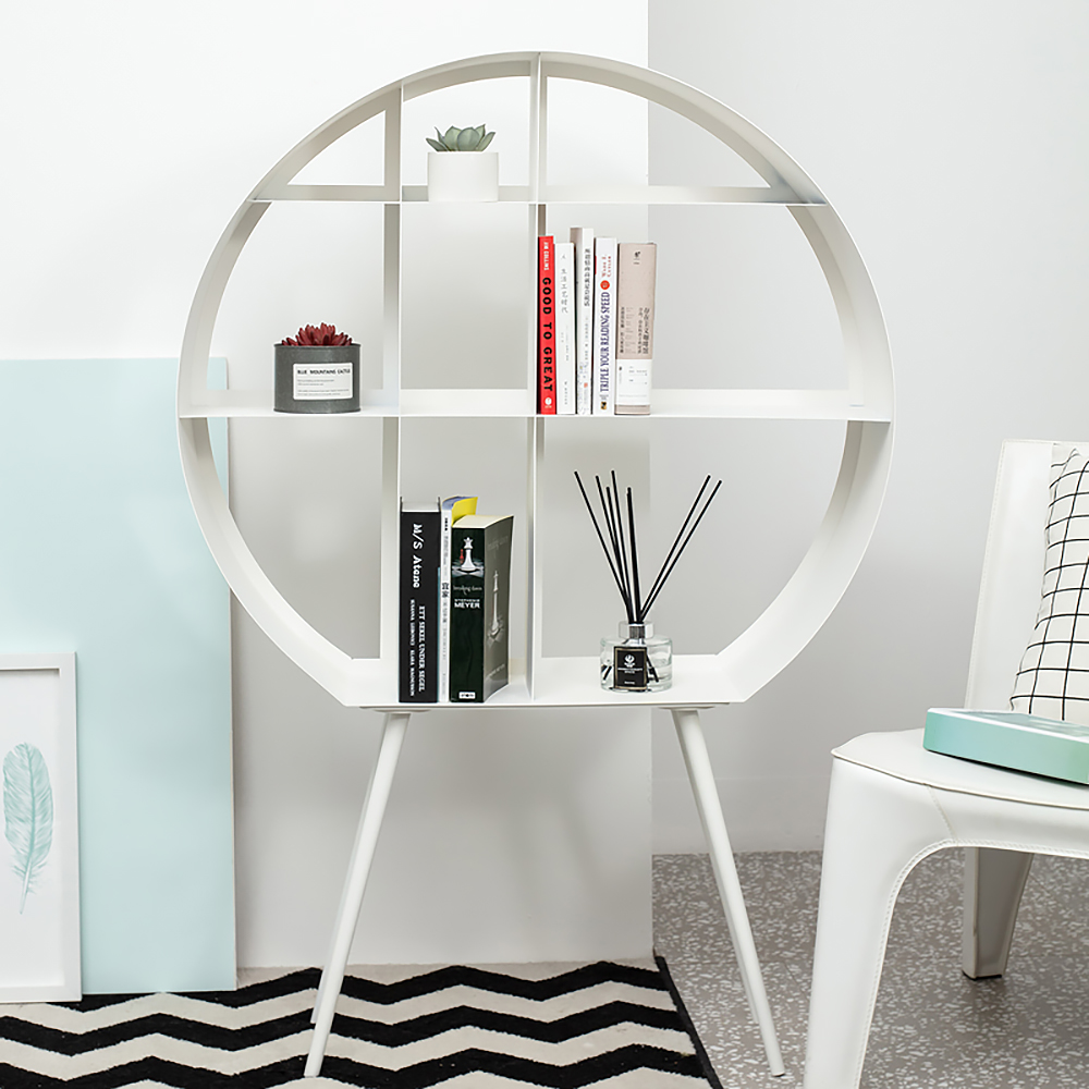 

White Standing Bookcase Round Display Storage Shelf Metal Tapered Leg 31.5"W x 8.4"D x 45.7"H