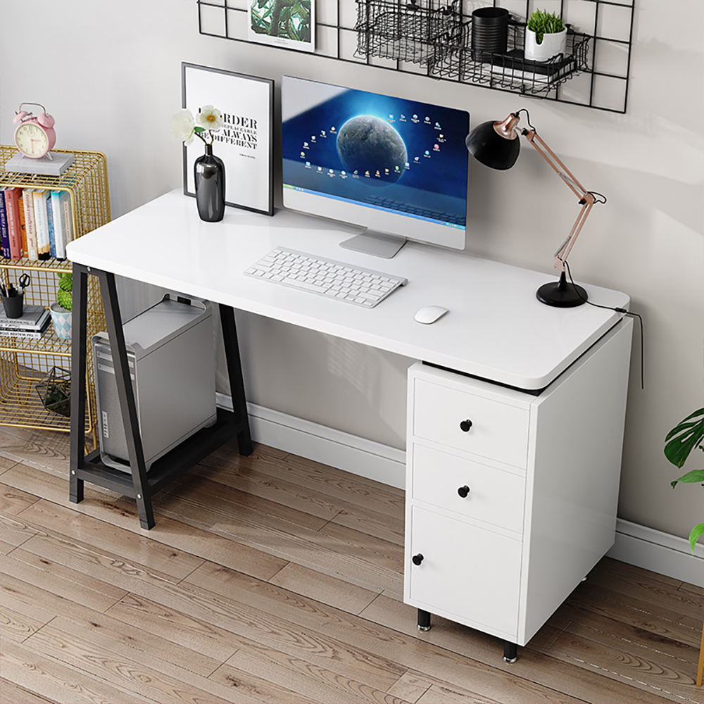 Image of Black 47.2" Rectangular Desk with Drawers & Shelf Writing Desk Metal Legs