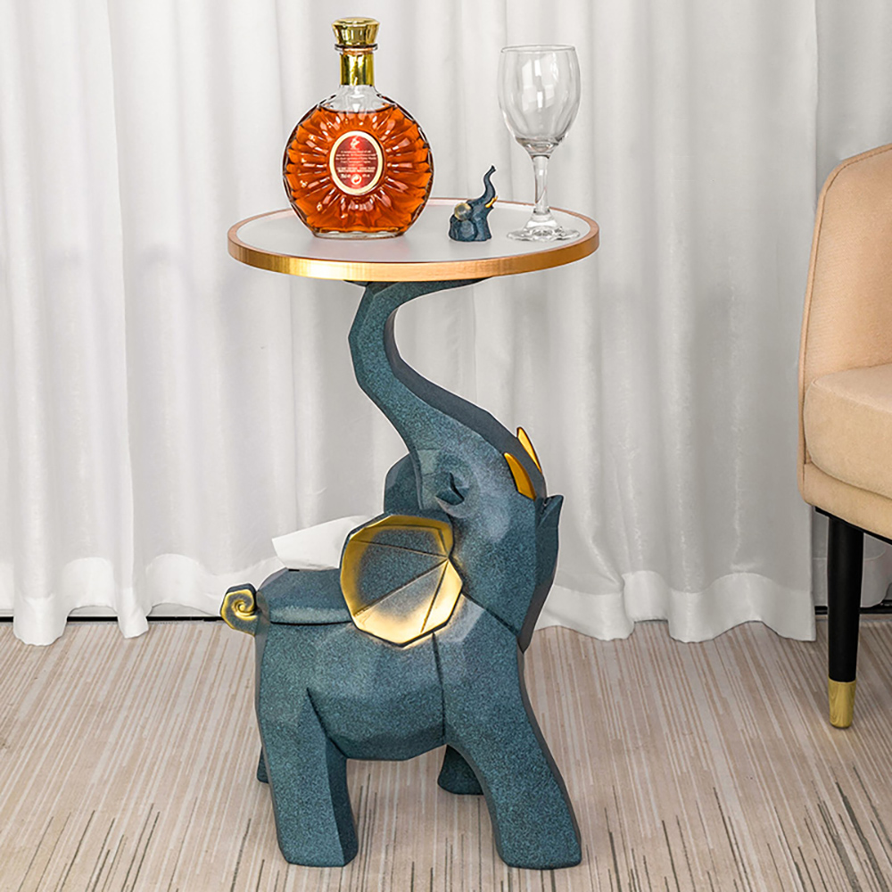 Blue Resin Elephant Side Table Round White Top with Tissue Magazine Rack Bluetooth Speaker