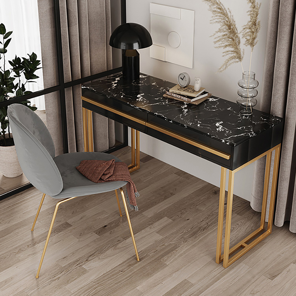 Image of 39" Rectangular Black Office Desk with Drawers Marble Veneer Top Gold Hardware