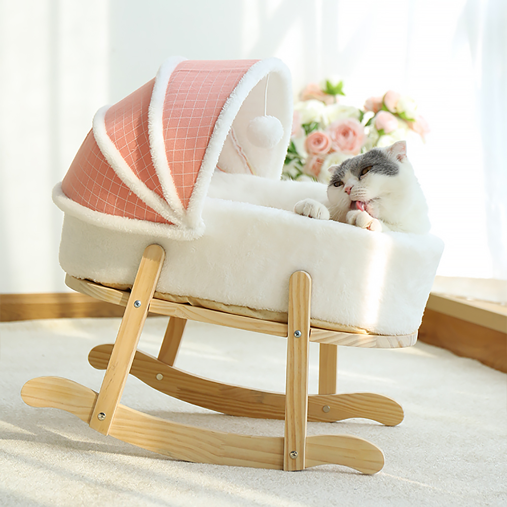 Pink Soft Plush Cat Cradle Bed Wooden Cat Swing Rocking Bed With Teasing Toy