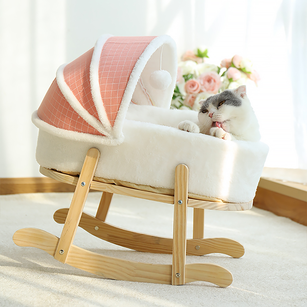 

Pink Soft Plush Cat Cradle Bed Wooden Cat Swing Rocking Bed with Teasing Toy