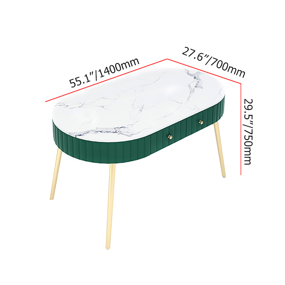 Green Oval Dining Table with Drawer Marble Top & Metal LegsHomary