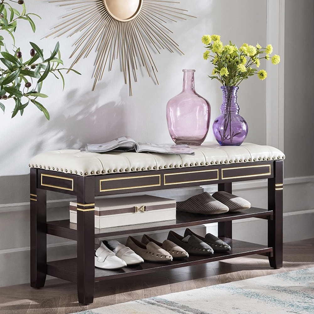 39.4'' White Modern Storage Bench Shoe Rack with Faux Leather