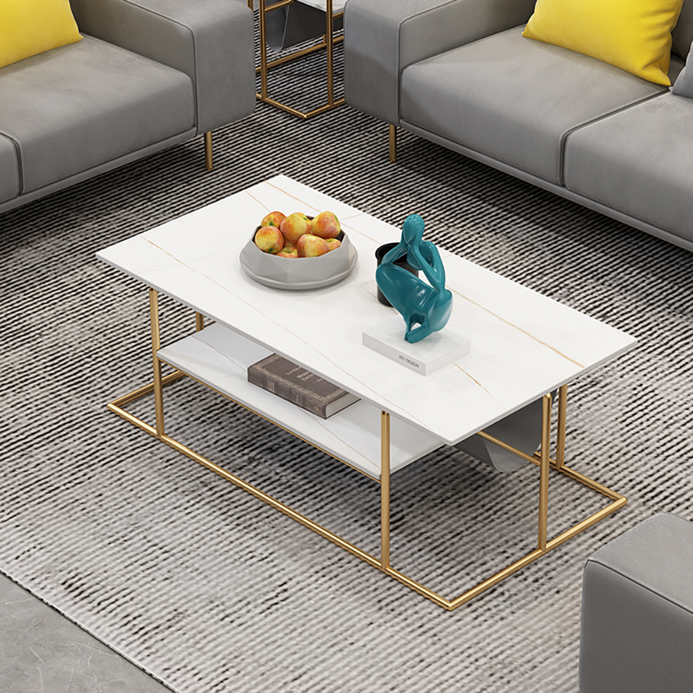 

Modern Coffee Table with Storage Stone Top &Metal Frame in Rectangle-shape White