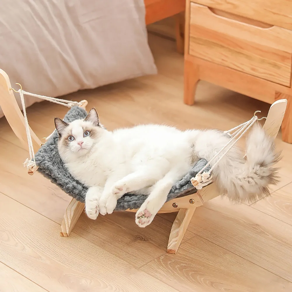 

28"Lx13.8"Wx13.4"H Freestanding Cat Hammock Solid Wood Stand Plush Cat Bed Velvet