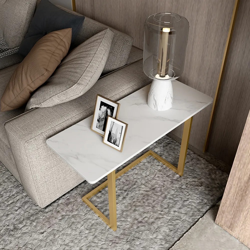 White End Table with Stone Tabletop Modern Rectangular Side Table