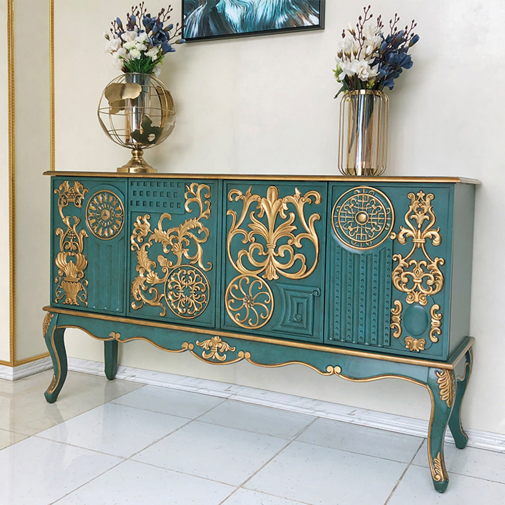 

61" Classic Blue Sideboard Buffet Embossed Flower Patterns with Doors & Shelf