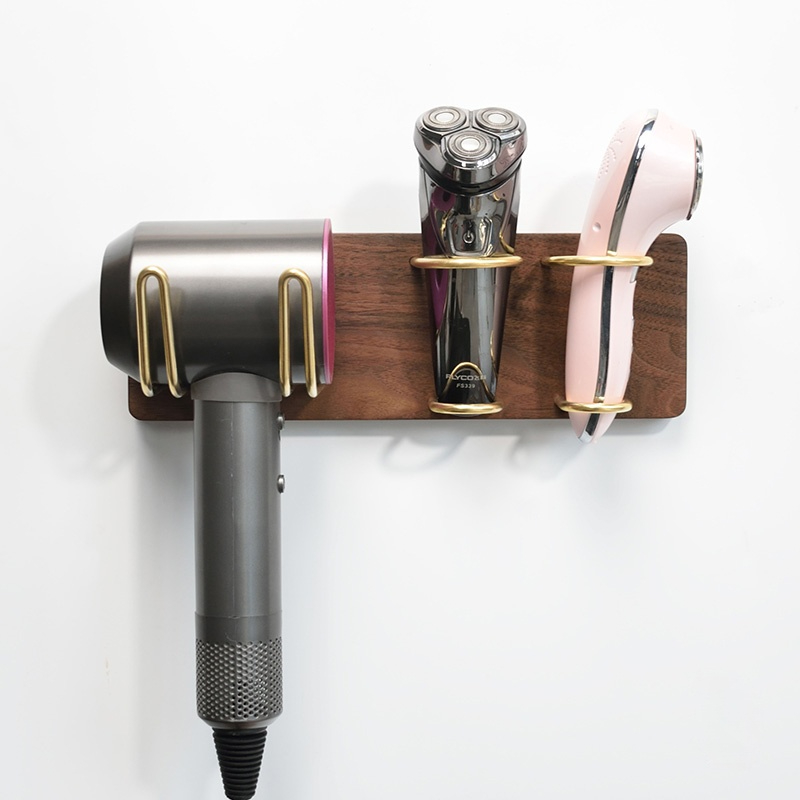 Image of Stylish Wall-Mounted Hair Dryer Holder Brass Metal Walnut Backplate Hair Dryer Holder with Shelf Style B