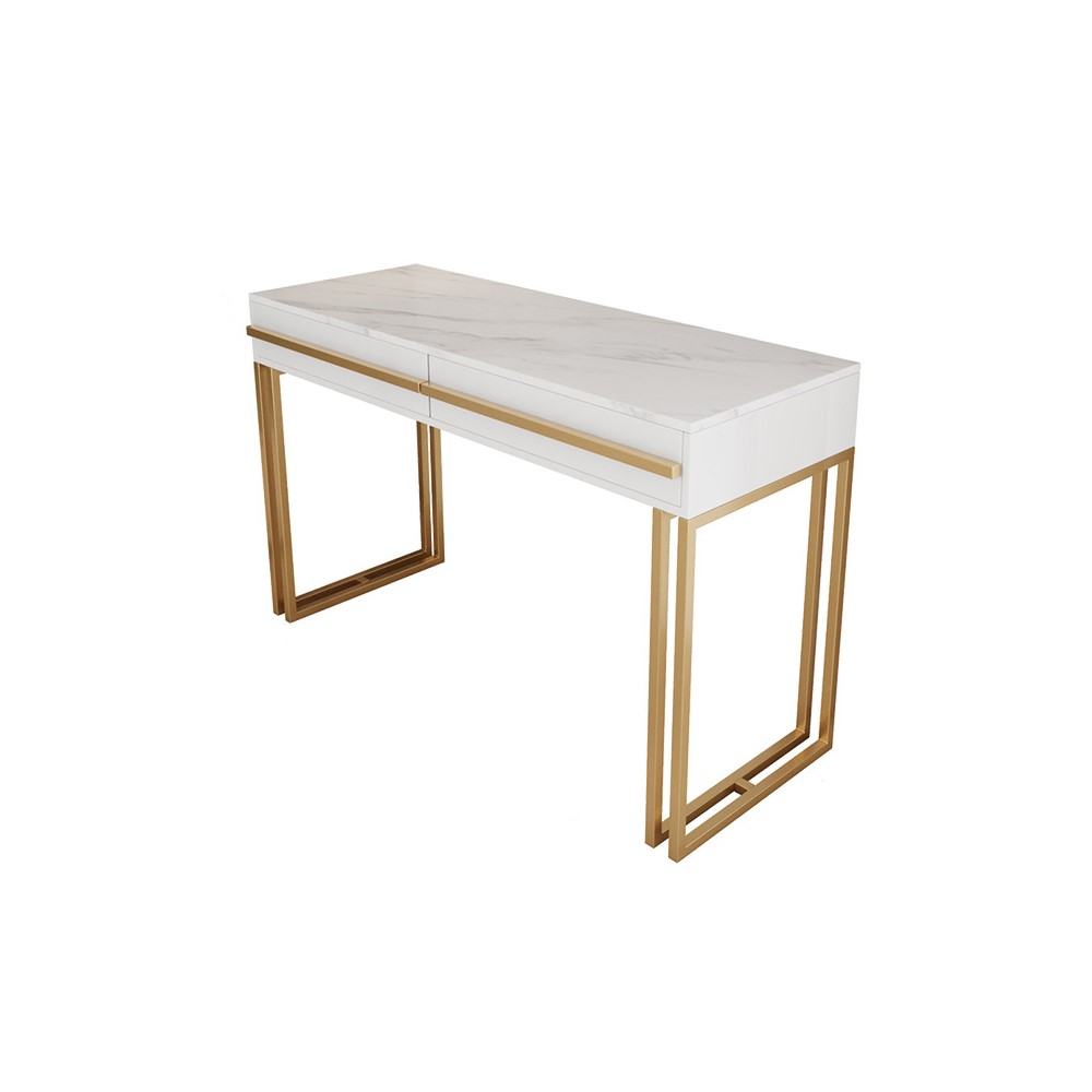 39" Rectangular White Office Desk with Drawers Marble Veneer Top Gold Hardware