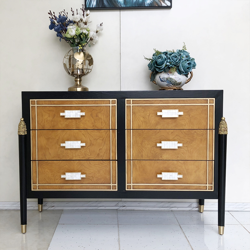 1270mm Modern Black Dresser Accent Cabinet with 6 Drawers and Shell Pulls in Gold