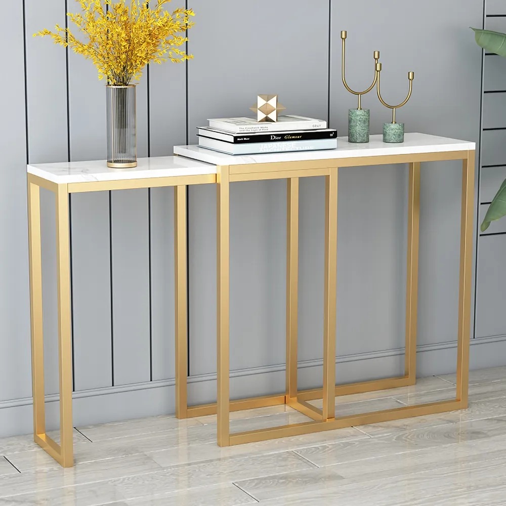 

White Adjustable Console Table with Marble Top