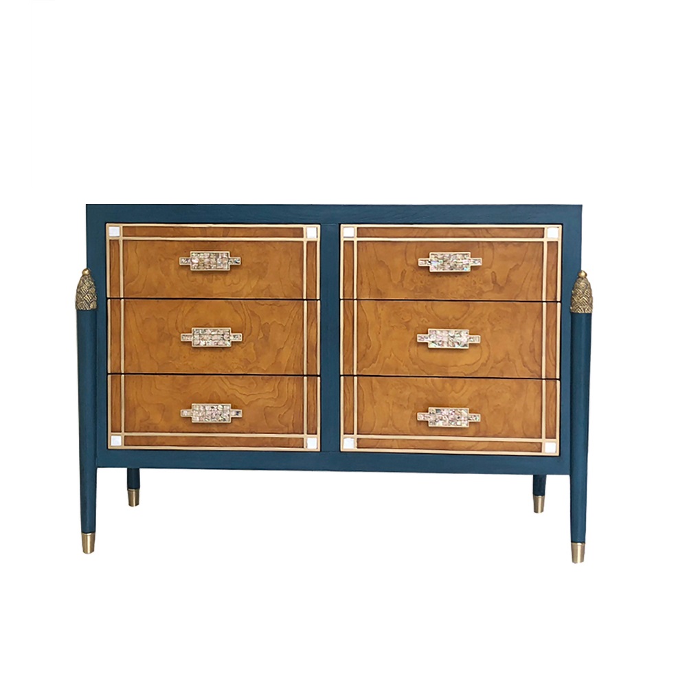 1270mm Modern Blue Dresser Accent Cabinet with 6 Drawers and Shell Pulls in Gold