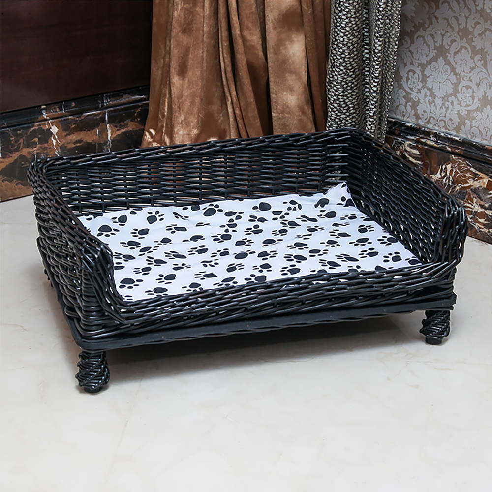 25.6" Coffee Woven Rattan Dog Bed Medium With Cotton Cushioned Pad